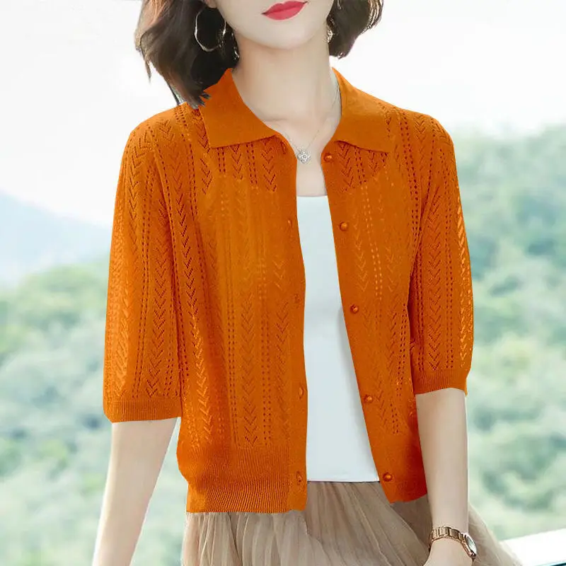 Fashion Lapel Knitted Button All-match Hollow Out Shirt Women\'s Clothing 2023 Summer New Casual Tops Half Sleeve Korean Blouse