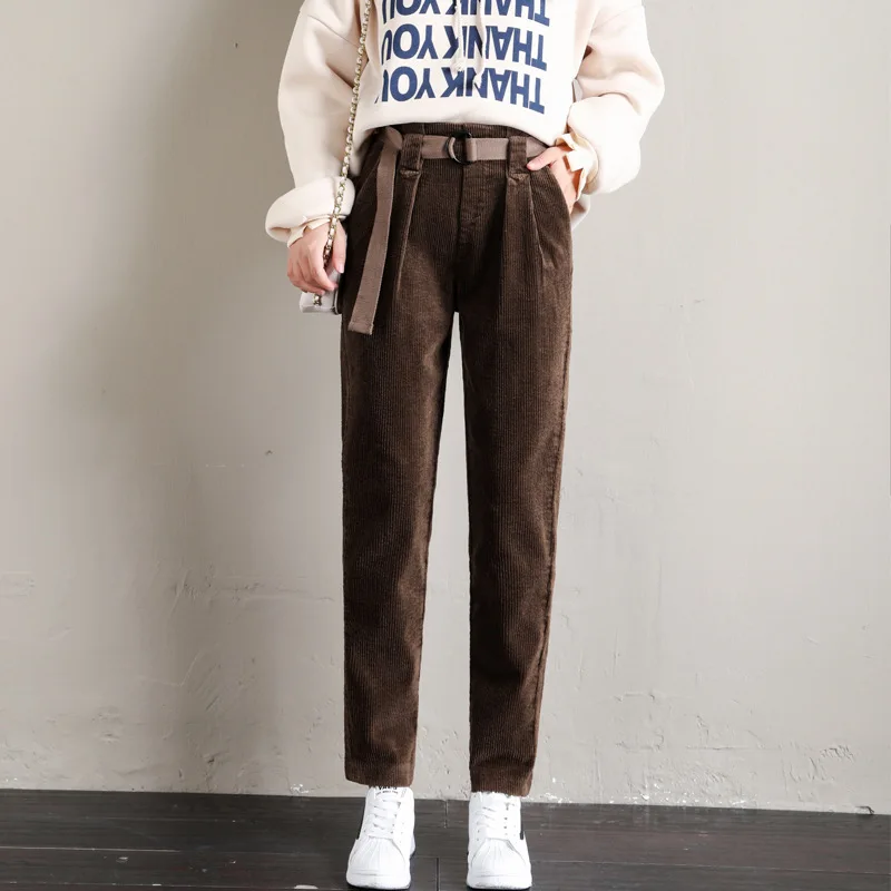 Spring Fashion Trend Vintage Ladies Full Length Pants with Sashes Women Solid Corduroy Harem Pants  Winter Casual Loose Trousers