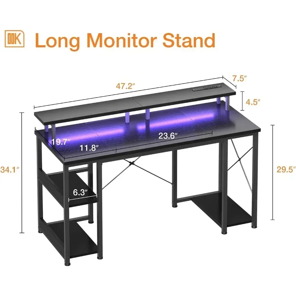 48 inch Gaming Desk with LED Lights & Power Outlets, Computer Desk with Monitor Stand & Storage Sheves, CPU Stand