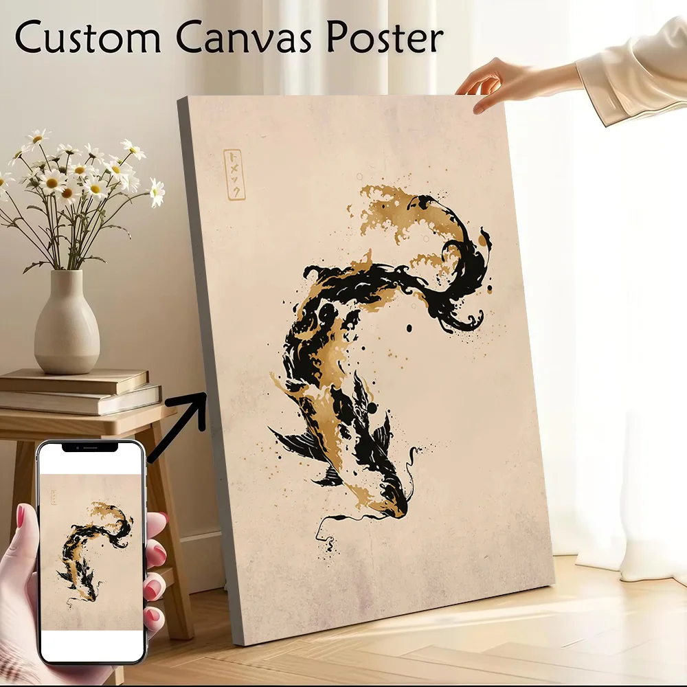 Black and Gold Koi Fish Canvas Wall Art Poster Custom Wall Paintings Personalized Photo Printing for Decoration Living Room Home