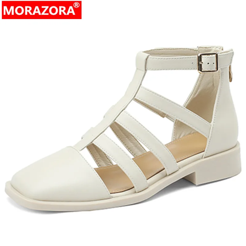 

MORAZORA 2024 Size 34-41 New Arrive Retro Square Med Heels Shoes Zipper Genuine Leather Women Sandals Ladies Dress Shoes