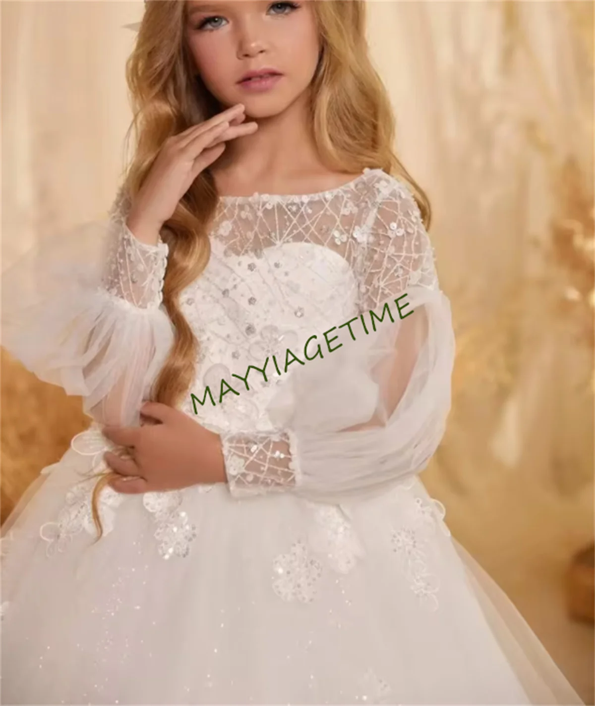 Ivory White Flower Girl Dresses with Full Sleeve Elegant Princess Satin Ball Gown For Kids Birthday Party First Communion Dress