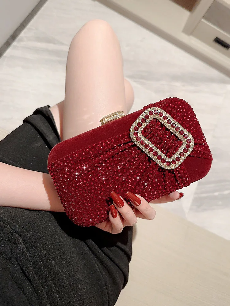 

New Women Handbag Coin Purse Red Square Buckle Banquet Bag Evening Bags Velvet Dinner Wallet Chain Shoulder Bags Fashion Pouch