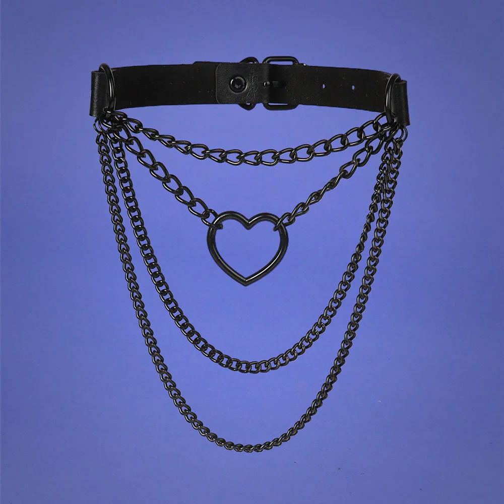 Harajuku Punk Rock and roll Sex appeal Multilayer Black Chain Choker Pendant Cortex Love-heart shape Neckchain Collarbone chain