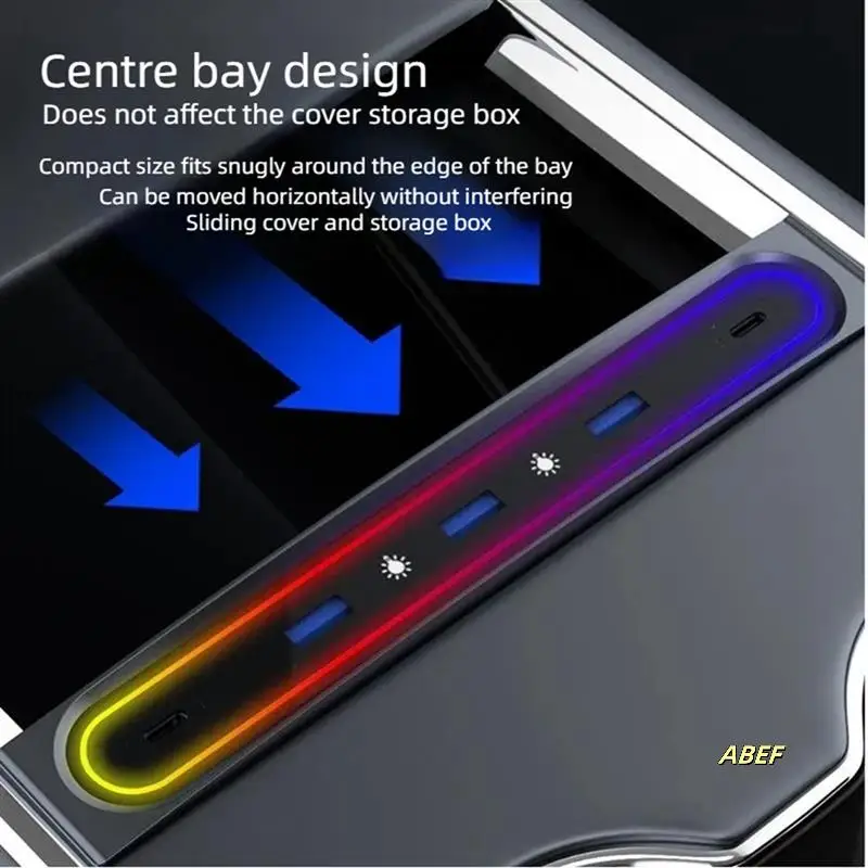 محطة إرساء ذكية لملحقات تسلا موديل Y 2023 موديل 3 5 منافذ 27 وات شاحن سريع مع محور تحويلة أضواء Led