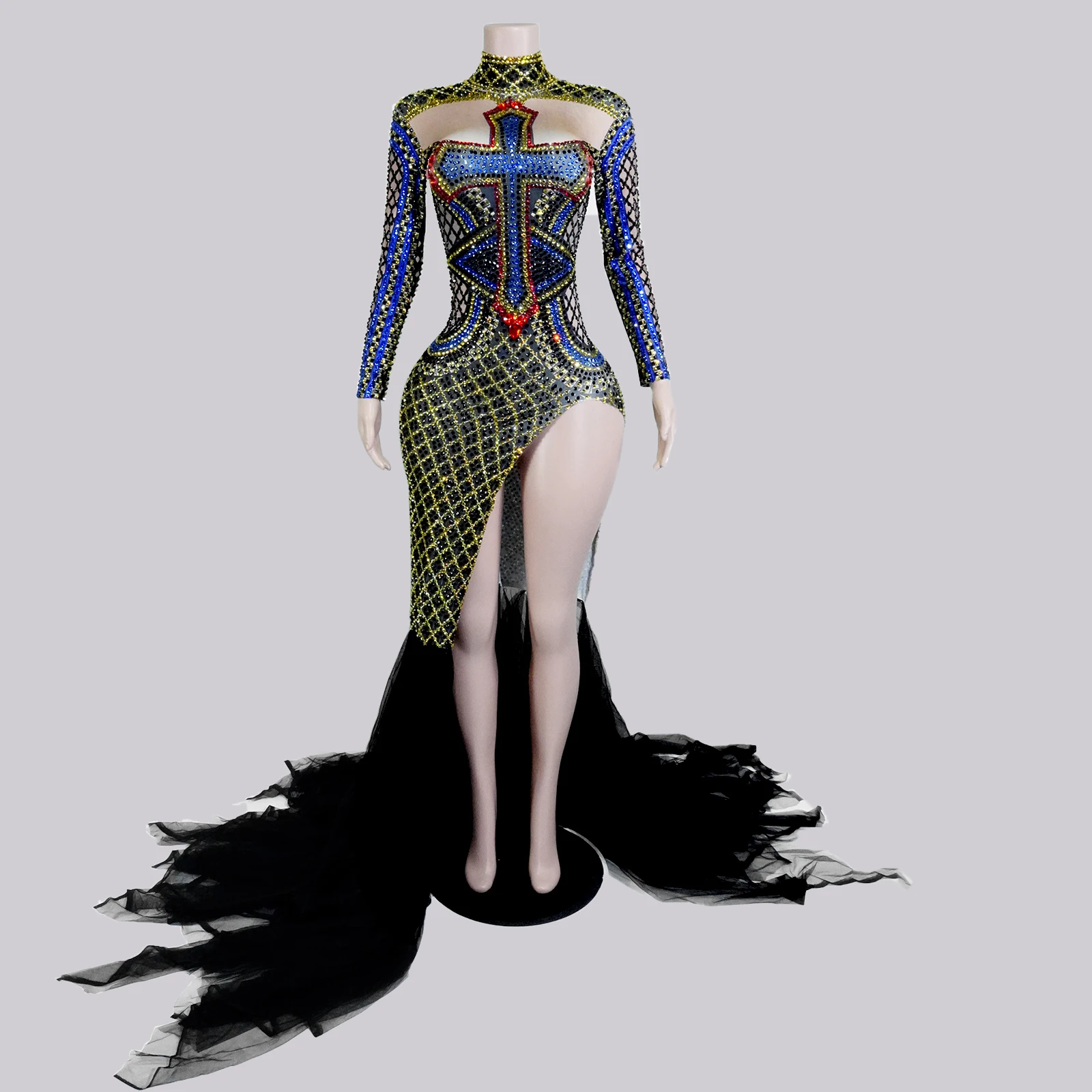 

Luxury Sexy Mesh Black Drag Queen Evening Dress Crystal Sequins Dress Birthday Party Club Singer Stage Celebrate Women Clothing
