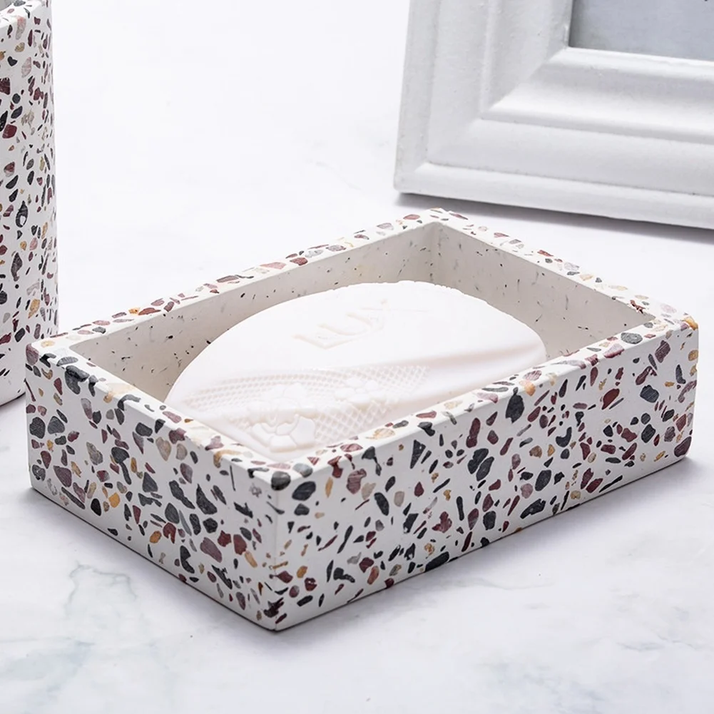 Rectangle Soap Dish White Resin with Terrazzo Aesthetic for Bathroom Kitchen Sink Drain Holder 12.5x8.5x3.5cm Compact Fit