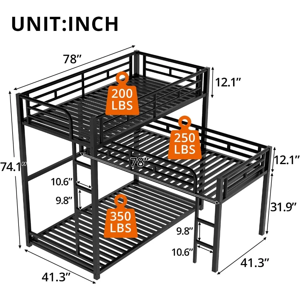 Beliche triplo em forma de L, 2 escadas curtas embutidas, corrimãos de corpo inteiro, cama para 3 crianças e adultos