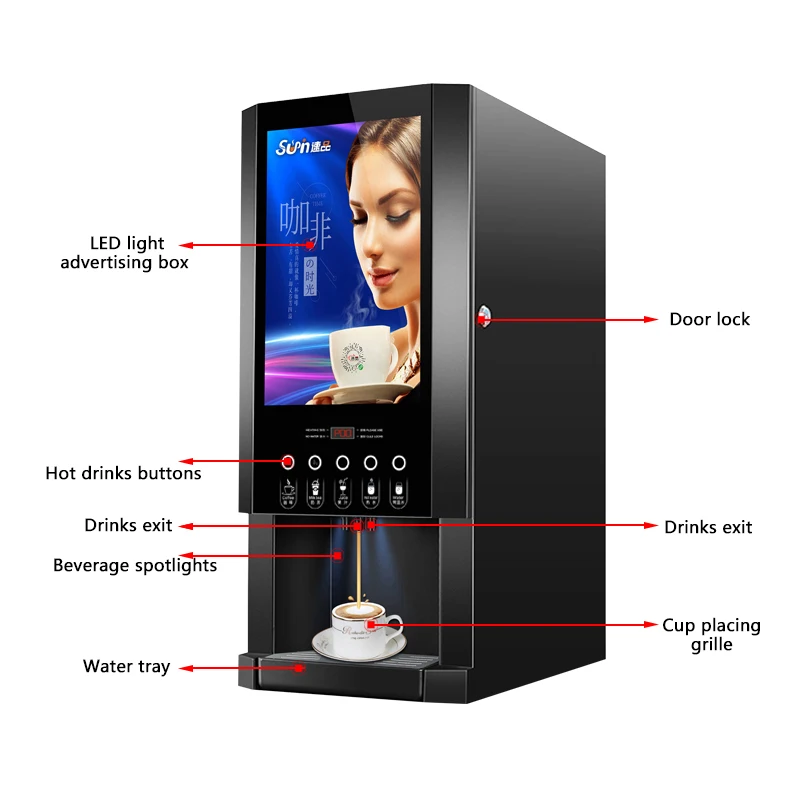 3 Hot Isntant Coffee Machine Commercial Automatic Coffee Dispenser Milk Tea Vending Machine LED Advertising Box