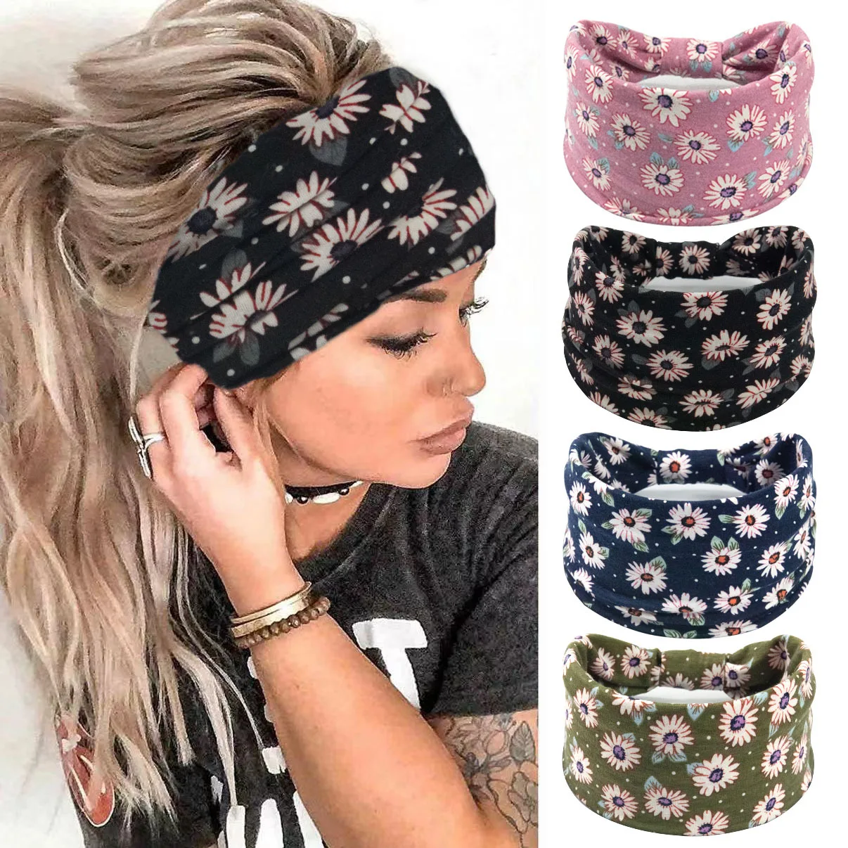 Boho Flower Print Headbands Women Wide Twist Knotted Head Bands Elastic Non-Slip Hair Bands Vintage Yoga Head Wraps Turbans