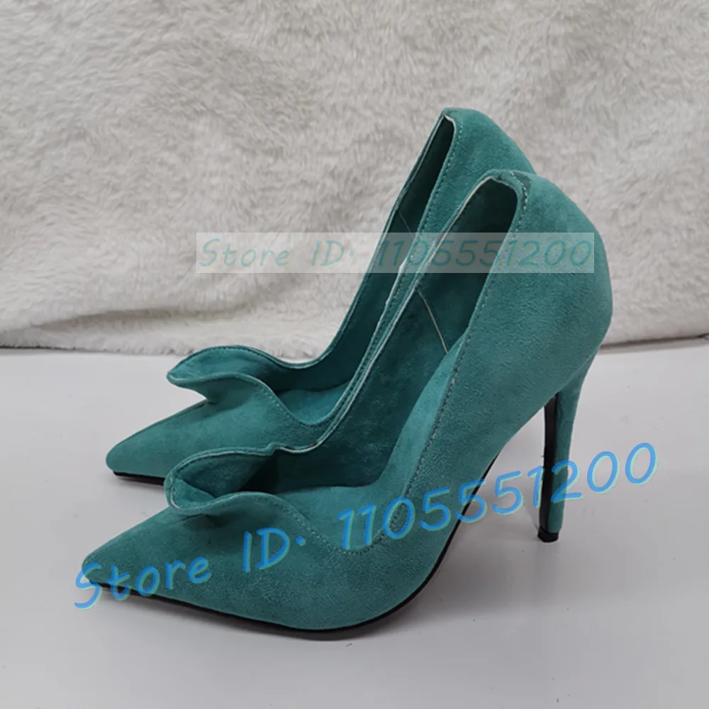 Green Suede Ruffled High Heels Pumps Ladies Luxury Pointed Toe Catwalk Thin High Heels Summer Sexy Wavy Edge Cover Heel Shoes