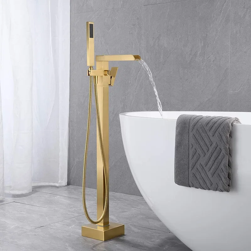 

Floor Standing Bathtub Faucet Waterfall Spout Brushed Gold Bath Tub With Handheld Shower Head Matte Black & Brushed Grey