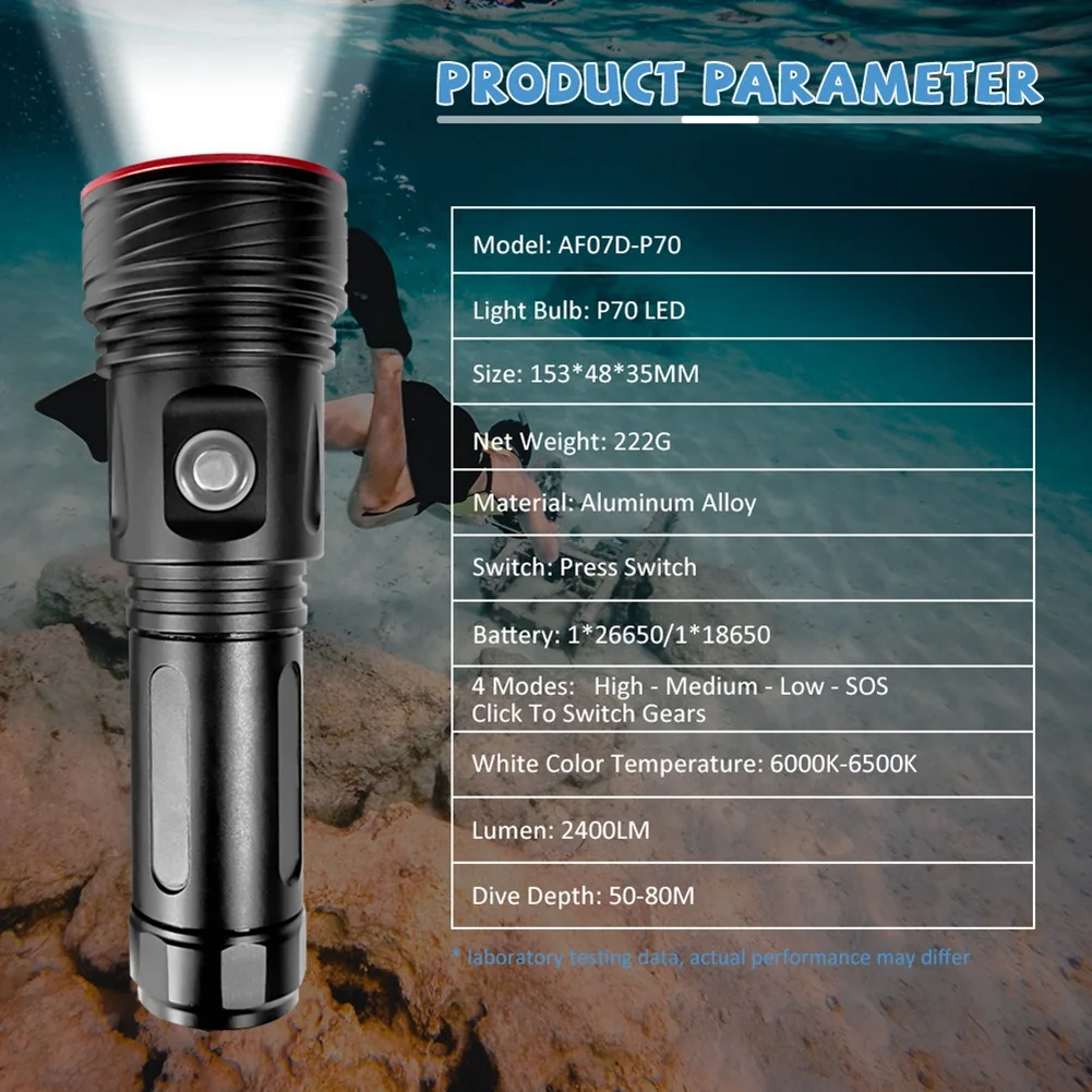 AsafEE Powerful LED Flashlight XHP70 Diving Flashlight 2400LM Torch Underwater 80M IPX8 Waterproof Light USB Rechargeable