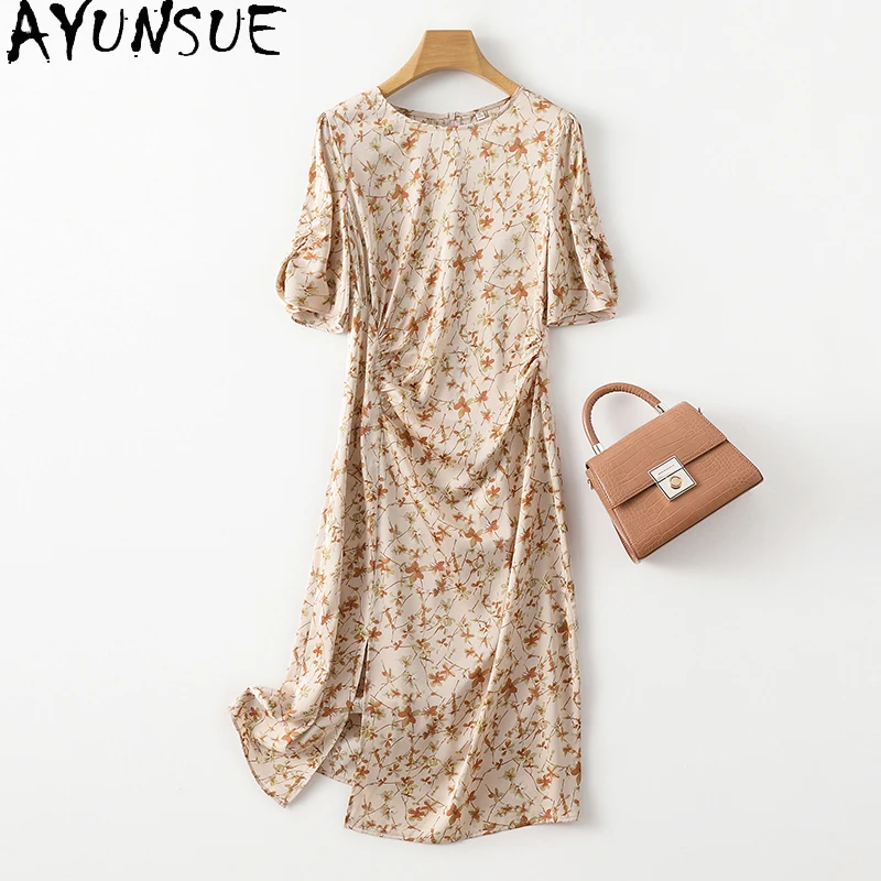 

AYUNSUE 91% Natural Mulberry Silk Dresses for Women Floral New Chinese Womens Clothing Summer 2024 Mid long Dress Vestido Mujer