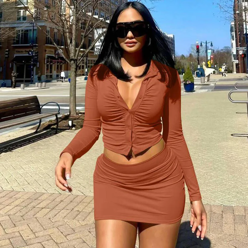 Sexy Night Party Two Piece Skirt Set for Women Elegant Single-Breasted Ruched Shirt Top and Mini Skirts Matching Sets Clubwear