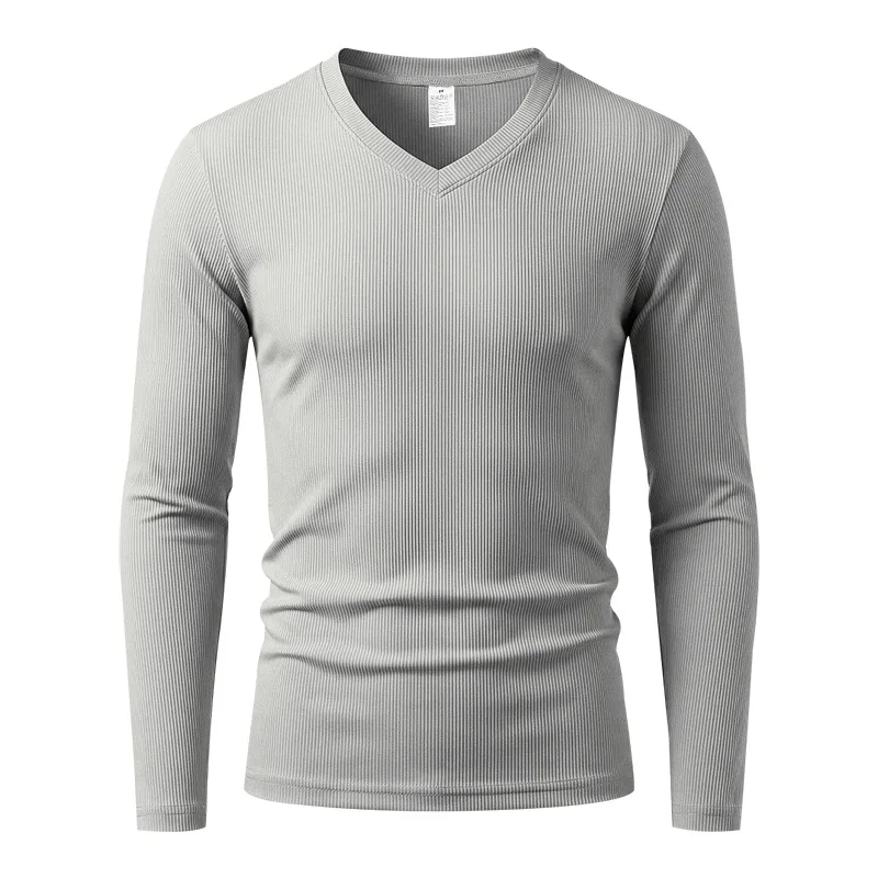 2026 men's pit strip V-neck long-sleeved bottoming shirt, European and American size slim-fit elastic knitted inner top