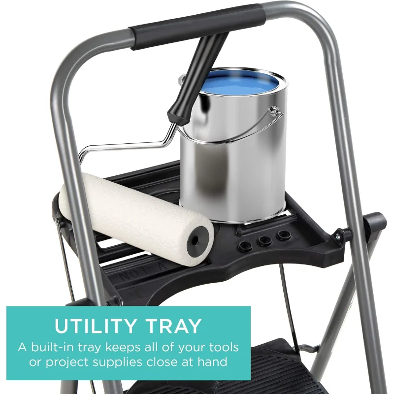 أفضل منتجات سلم من 3 خطوات مع صينية أدوات، مقعد محمول قابل للطي ومضاد للانزلاق، قبضة يد، سعة 330 رطل
