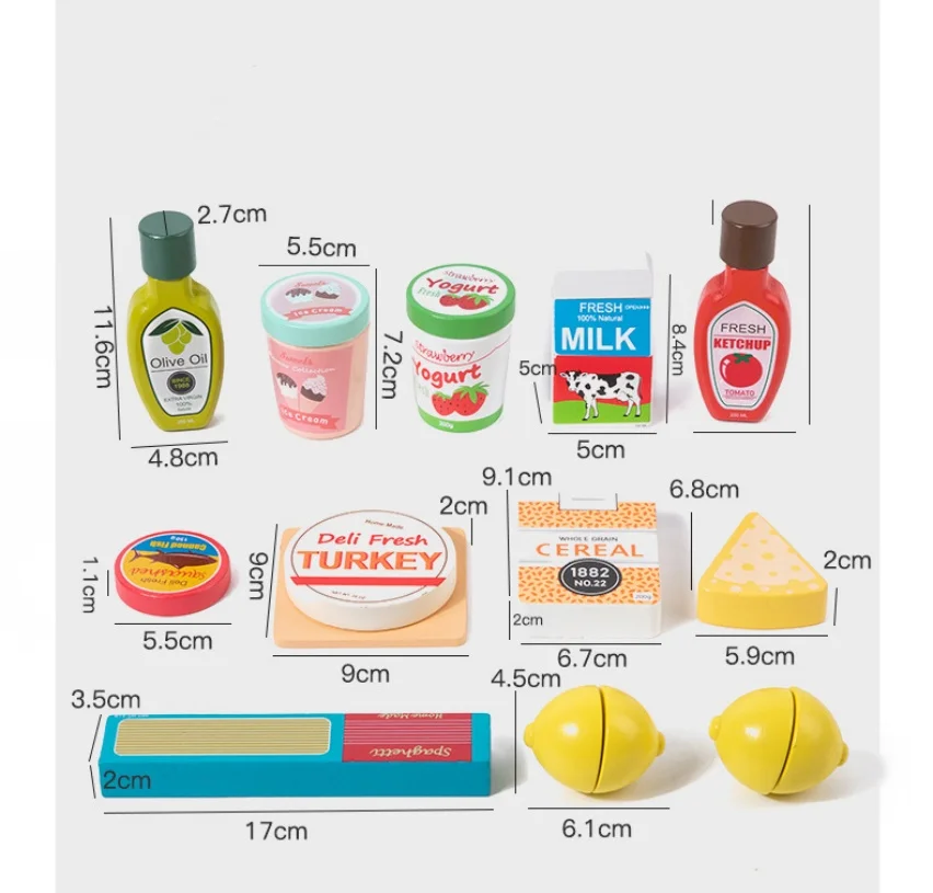 Conjunto de festa de chá de madeira jogar comida latas de mercearia jogar acessórios de cozinha incluem iogurte, leite, sorvete, azeite presentes para crianças