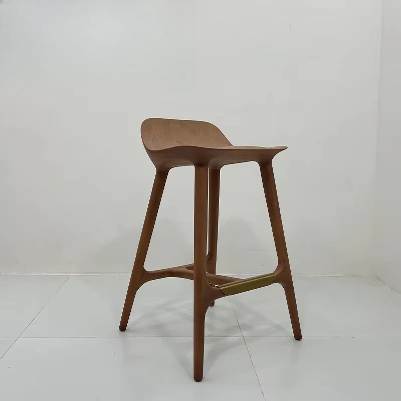 Modern Minimalist Solid Wood Dining Room Bar Stool Curved Seat Design with Brass Metal Accents Bar Furniture