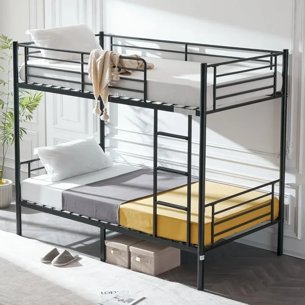 Twin Over Twin Bunk Bed with Stairs & Flat Rungs, Heavy Duty Metal Slats, No Box Spring Needed, Bunk Bed for Kids