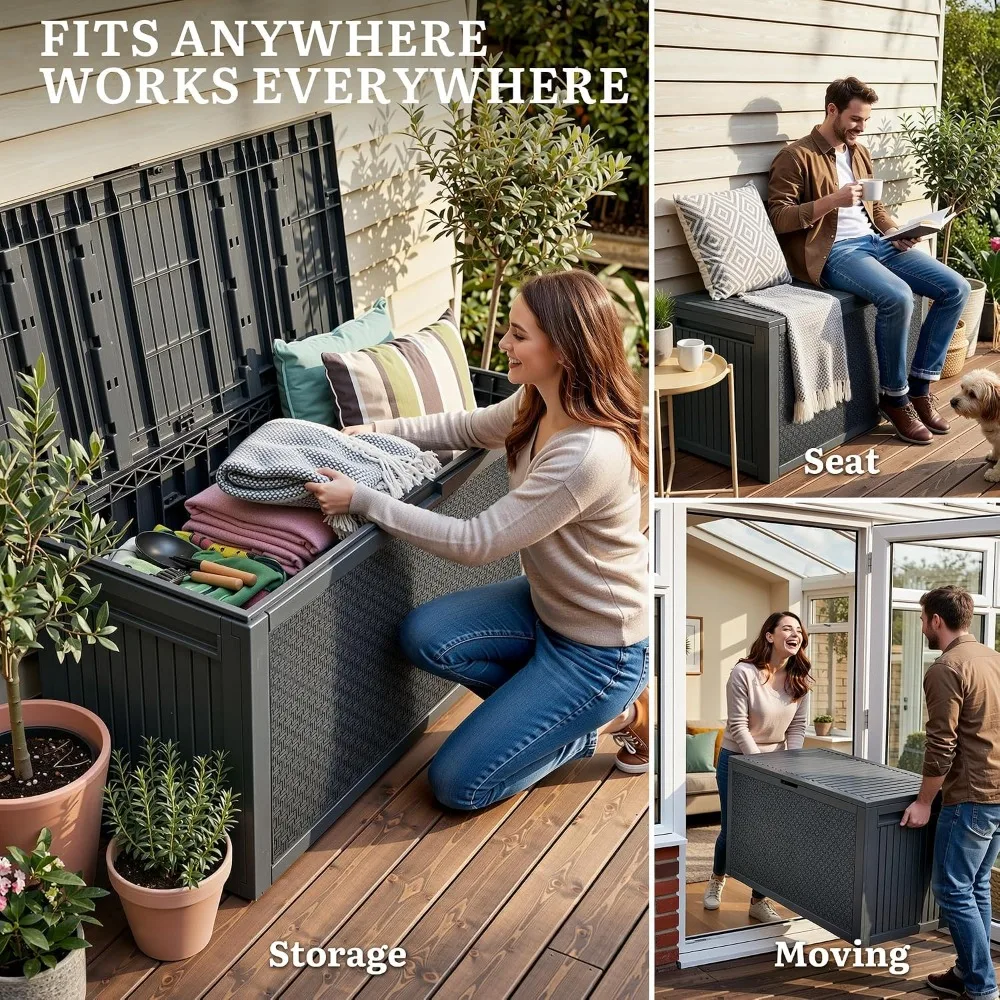 95 Gallon Outdoor Storage Deck Box, Waterproof Resin, Lockable & UV Resistant, with Handles for Patio Furniture Garden Tools, Dark Gray view 6