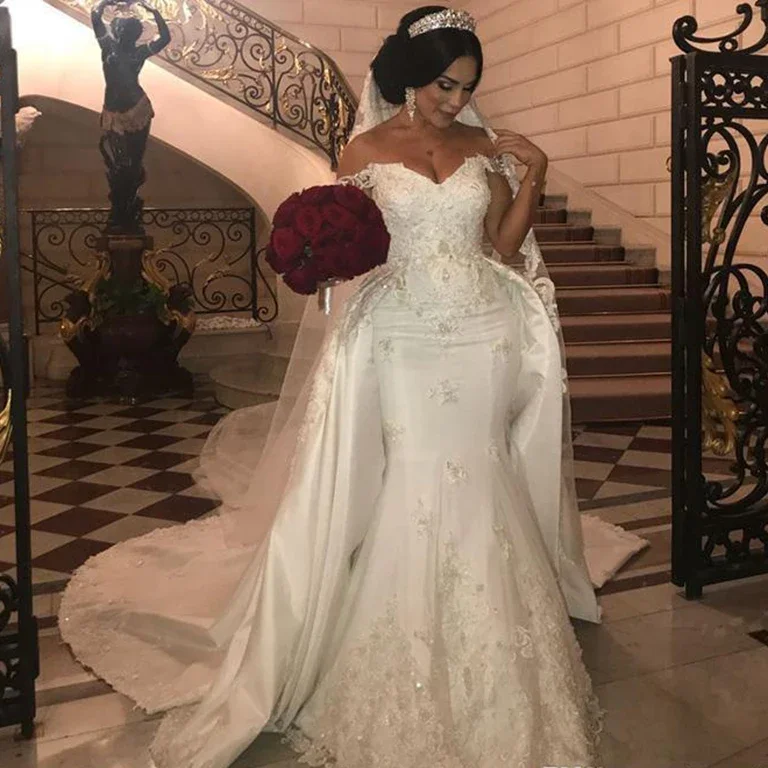 African Elegant Beaded Lace Wedding Dresses With Detachable Train Off Shoulder Applique Mermaid Bridal Gowns