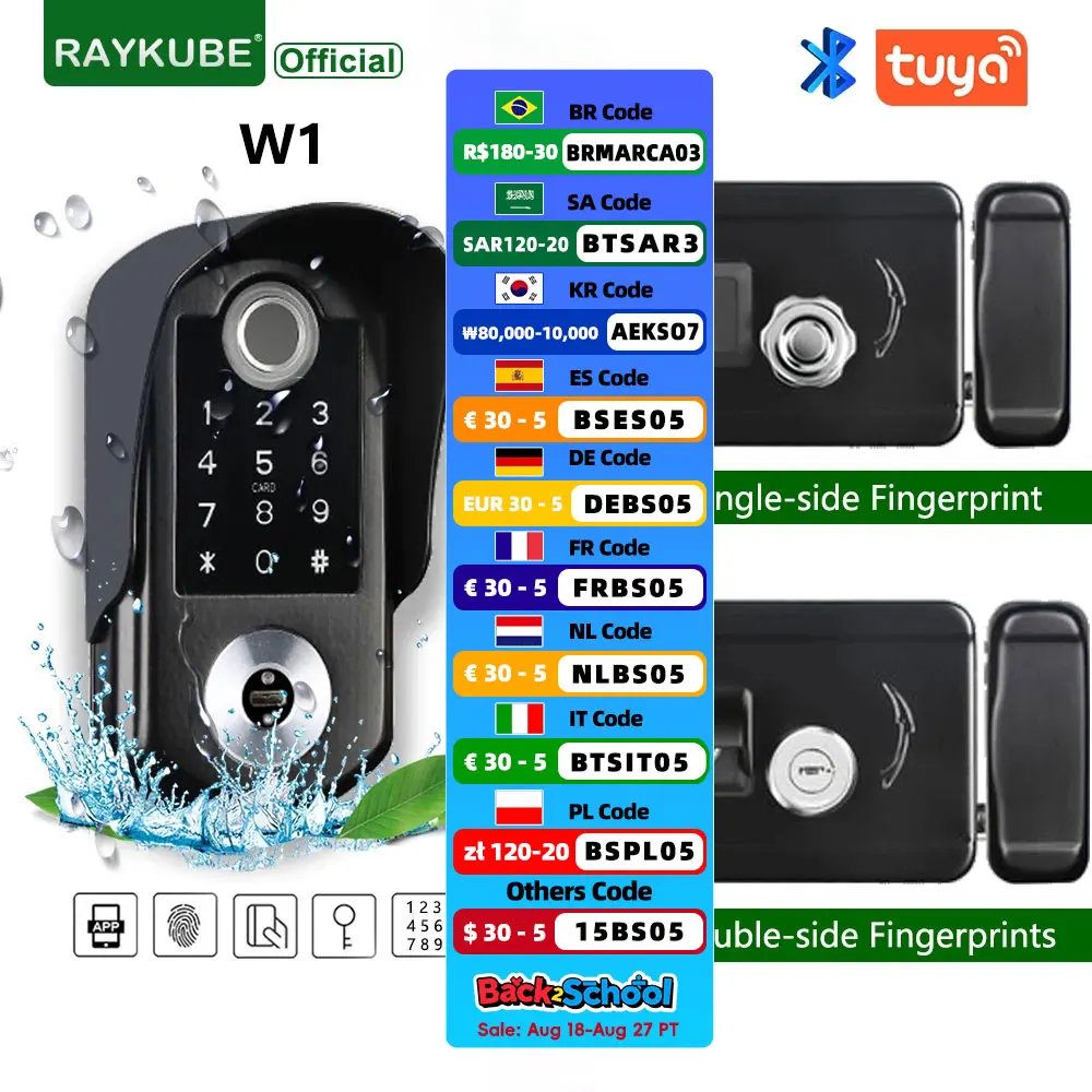 

RAYKUBE W1 Tuya односторонний/двусторонний умный замок с отпечатками пальцев IPX6 водонепроницаемый цифровой электронный замок для внутренних и наружных ворот