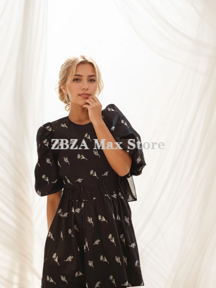 ZBZA Women\'s Flowers Embroidery Long Skirt Crew Neck Puff Sleeves High Waist Slim Fit Frock Fall Winter New Female Chic Dress