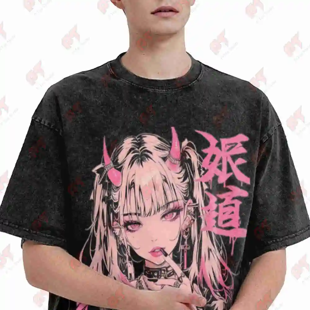Goth Grunge Demon Anime Femme Fatale Pink Horns Vintage Washed Tee Pure Cotton T-Shirt