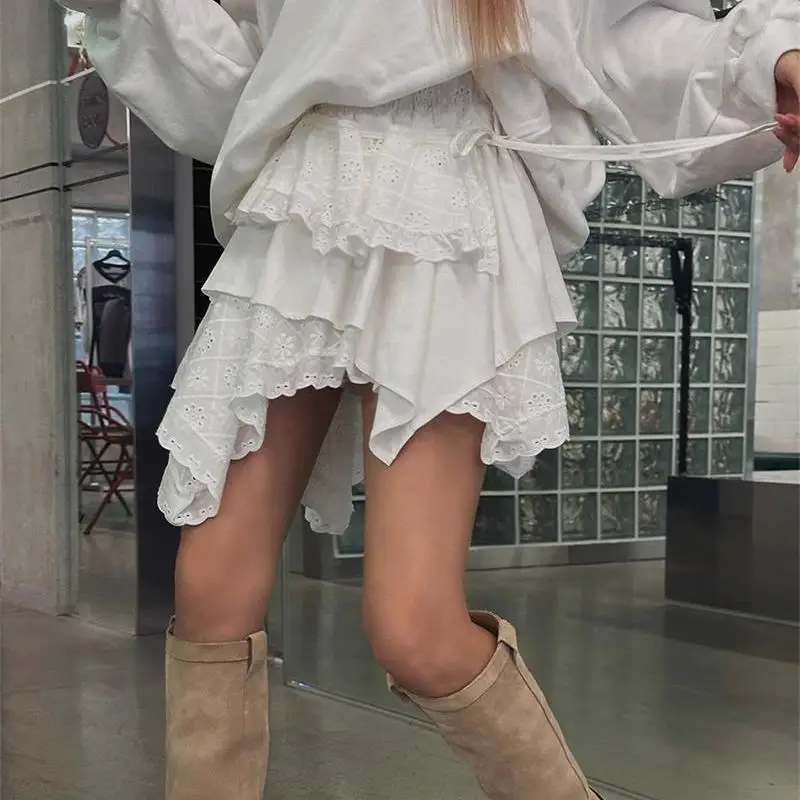 Gothic Sweet Trendy High Waist Irregular Cake Short Skirt New Patchwork Lace Embroidery Mini Skirt Women White Skirts Harajuku