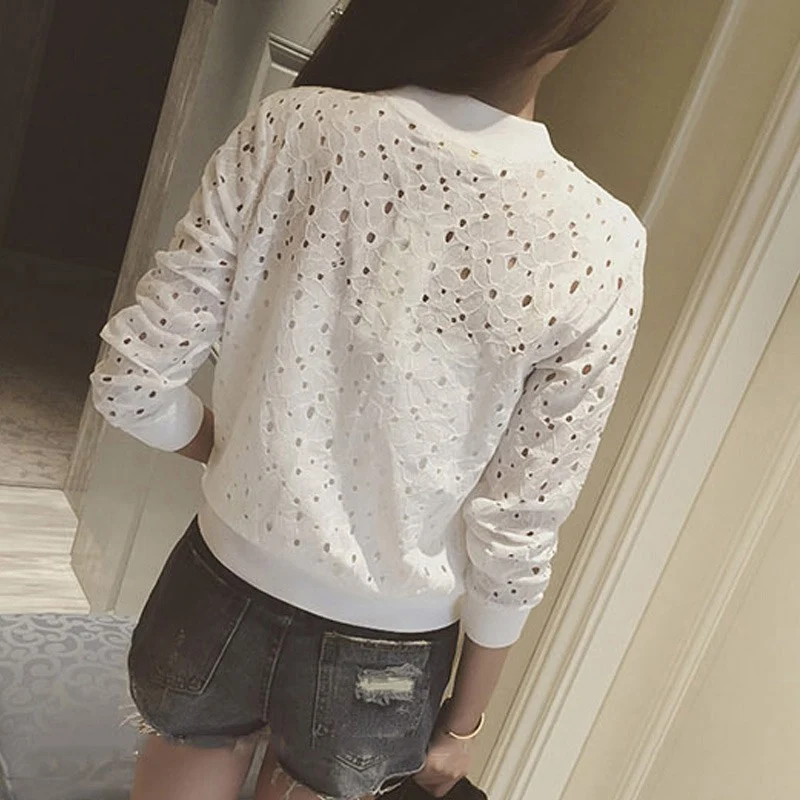 Summer Korean Stylish Thin Long Sleeve Lace Hollow Out Jackets Female Anti-UV Fashion Short Outwear White Women Clothing