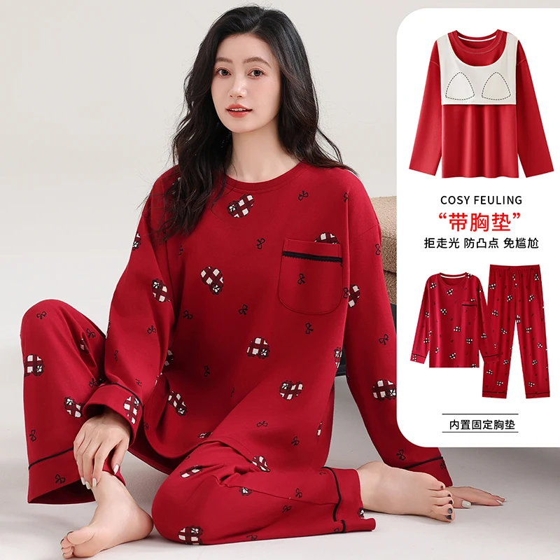 

Весенне-осенние женские пижамы из 100% хлопка, женская одежда для сна с длинными рукавами и накладкой на грудь