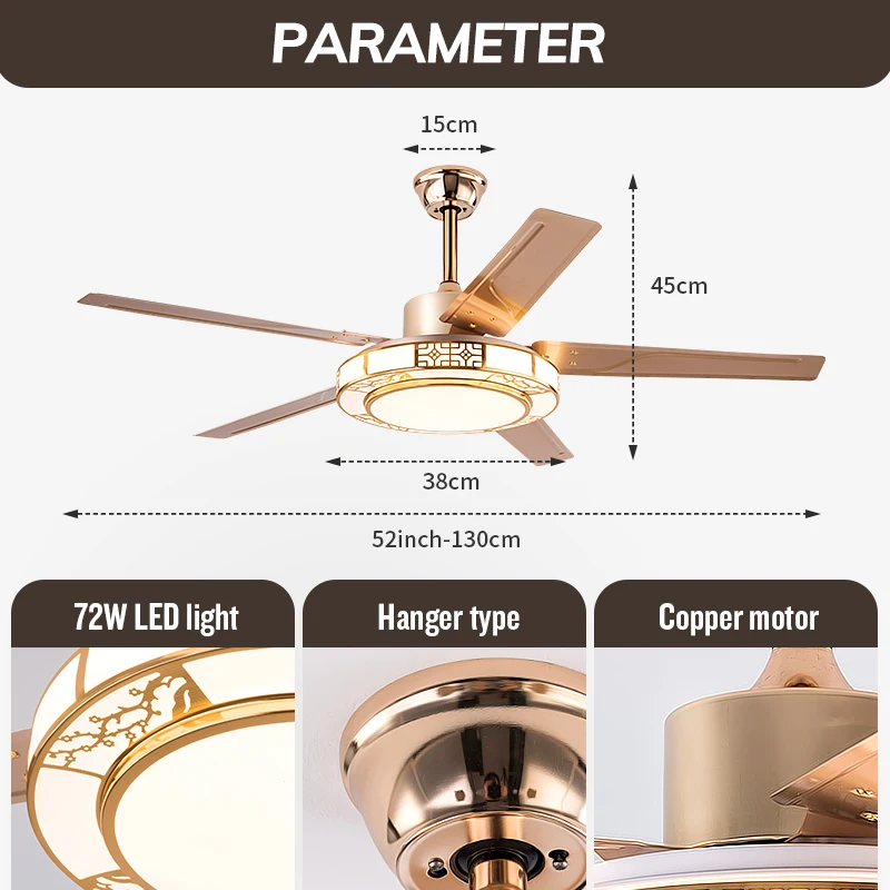 Imagem -04 - Modern Gold Ventilador de Teto com Controle Remoto Lustres Led Velocidades Vento Alto Sala de Estar Escritório Lâmpadas Silenciosas 52 em