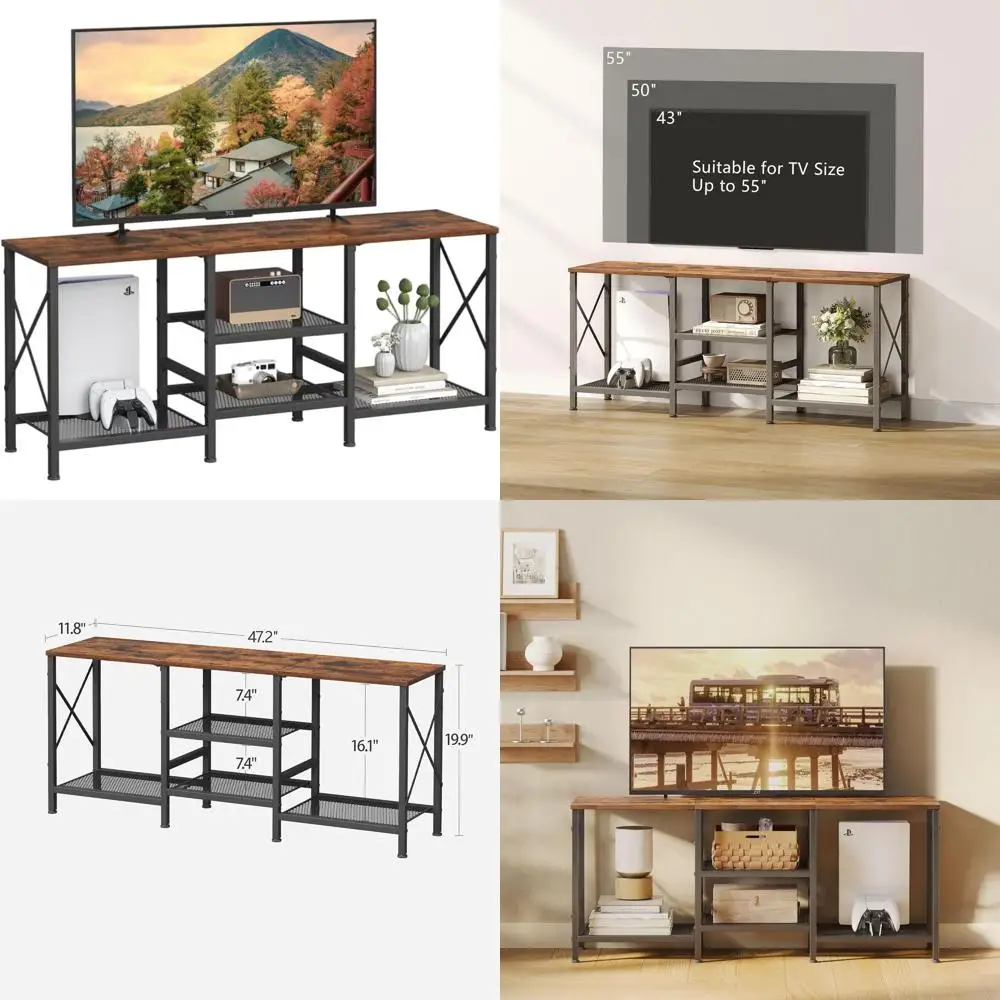 

Rustic Brown 55 TV Stand with 3-Tier Shelves, Entertainment Center for Living Room & Bedroom