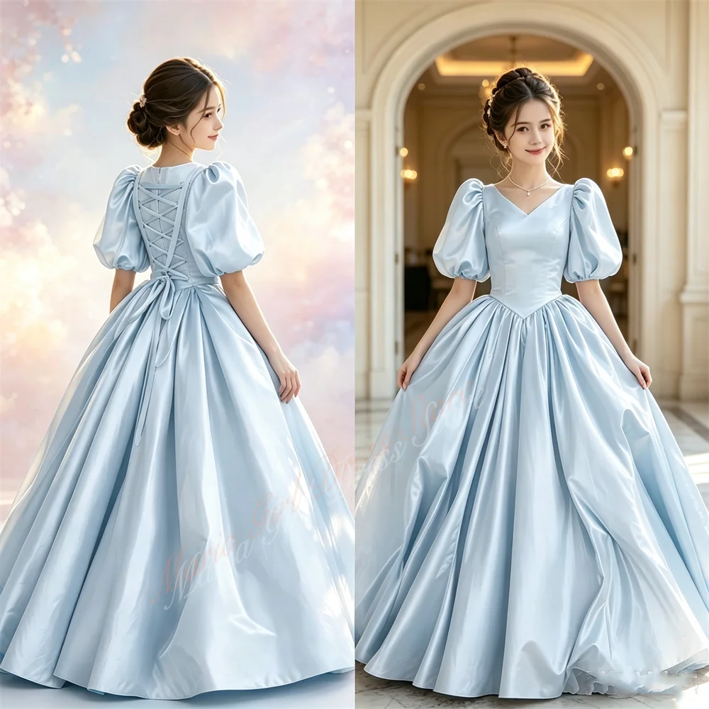 Women's White Bridesmaid Dresses for Wedding Prom V-neck Puff Sleeves Custom Satin First Communion Evening Gown