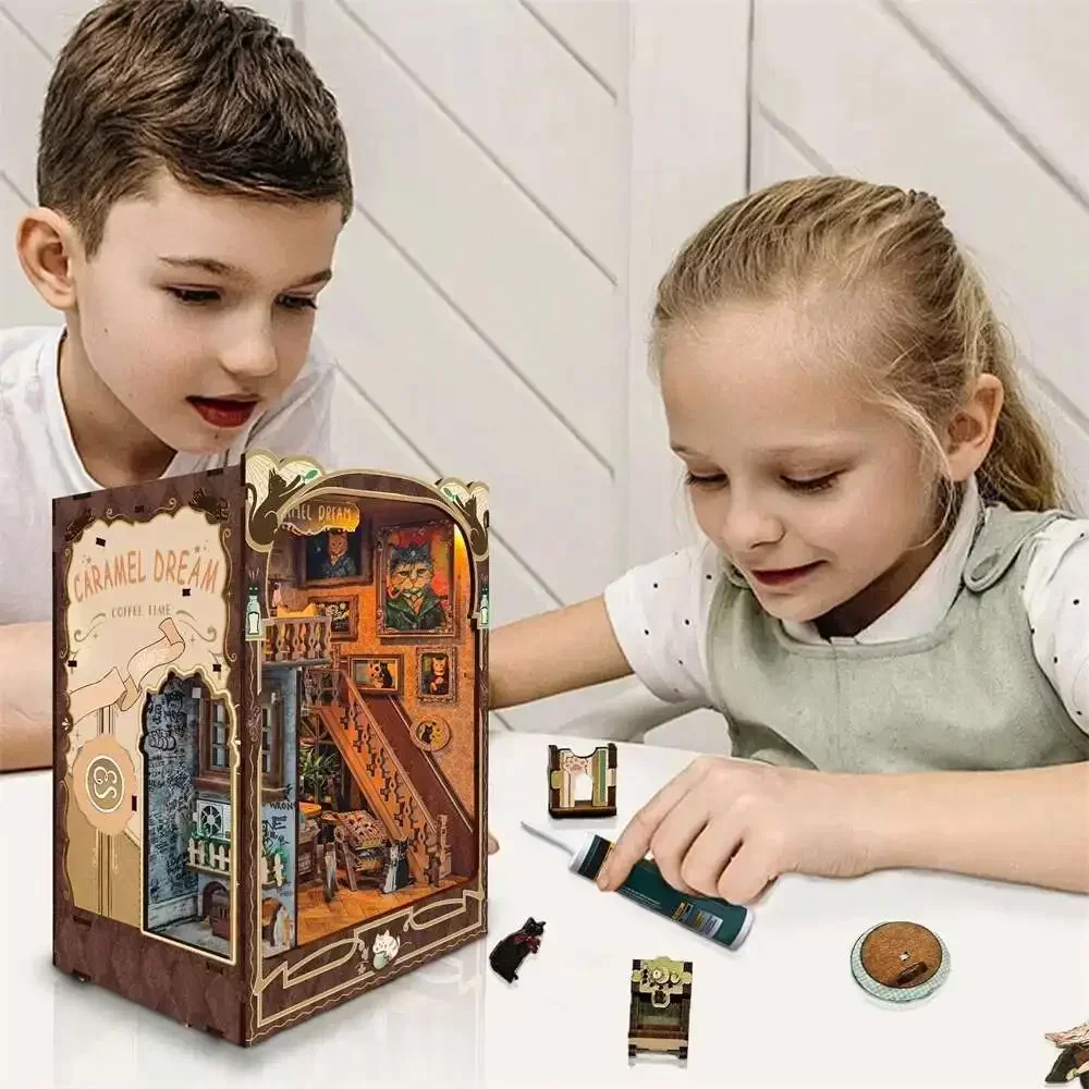 

Caramel Dreams Bookshelf Home Bookend Decoration Retro DIY Wooden Book Nook Figurines Miniature Kits For Adult Handmade Gifts