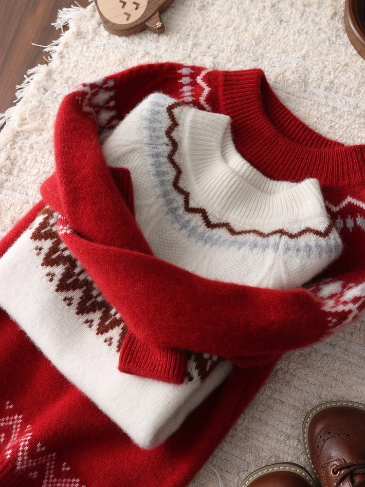 Children's 100% Cashmere Sweater Fair Isle Twist Flower Pullover Thicken Girl Boy Knitwear Autumn Winter Soft Kids Christmas Top
