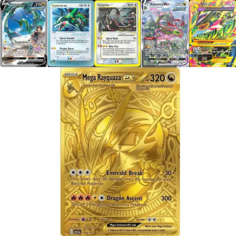 Коллекционная-карточка-Покемон-diy-Серия-Райкуаза-Мега-Райкуаза-золотая-164-147-Райкуаза-ex-Райкуаза-vmax-английская-и-японская-версии-аниме-карточка