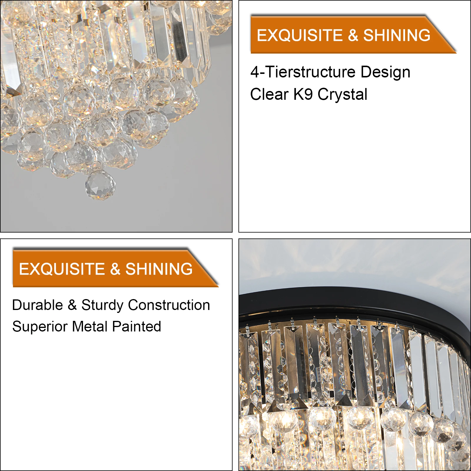 K9 Crystal Chandelier Ceiling Light,flush Mount ceiling light fixture,Modern round chandelier lighting (Black)