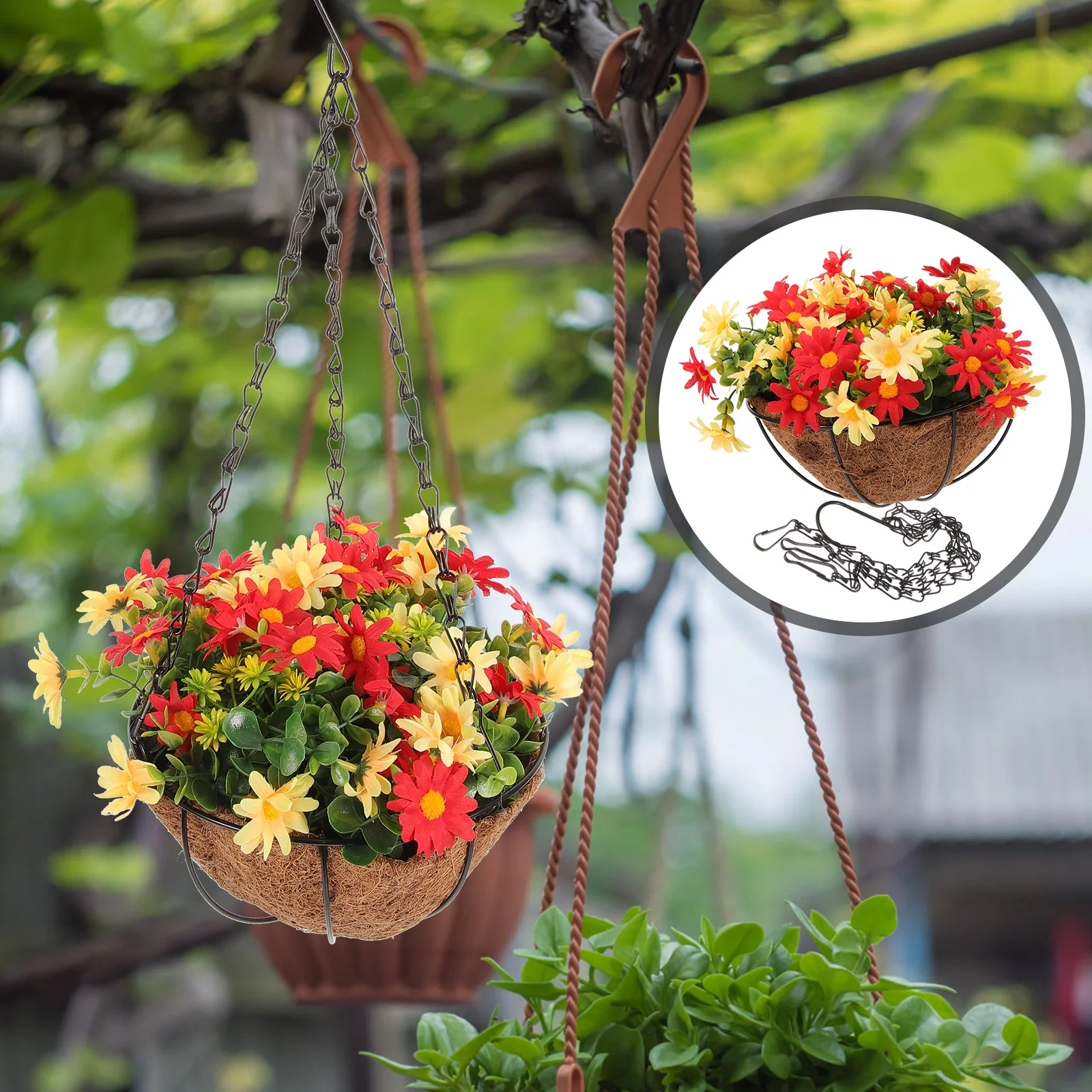 

Coconut Fiber Hanging Flower Artificial Flower With Basket For Outdoor Garden Yard Decor, Weather Resistant Plant