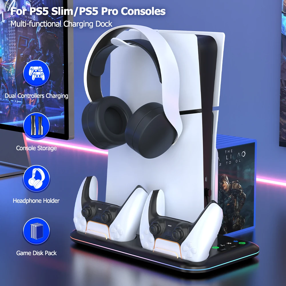 لقرص PS5 Slim/PS5 Pro ومحطة تبريد رقمية مع حامل شحن وحدة تحكم مزدوجة خفيفة مع حامل سماعة الرأس