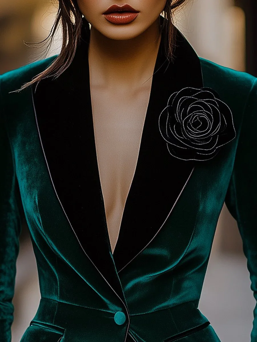 Luxury Green Velvet Blazer for Women Single Breasted 3D Rose Flower Female Blazer Jacket Slim Fit Office Lady Outerwear Coat