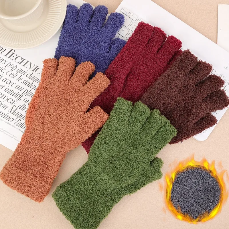 Thicken Plush Warm Gloves Solid Color Coral Fleece Touchscreen Fingerless Glove for Women Winter Half Finger Writing Mittens