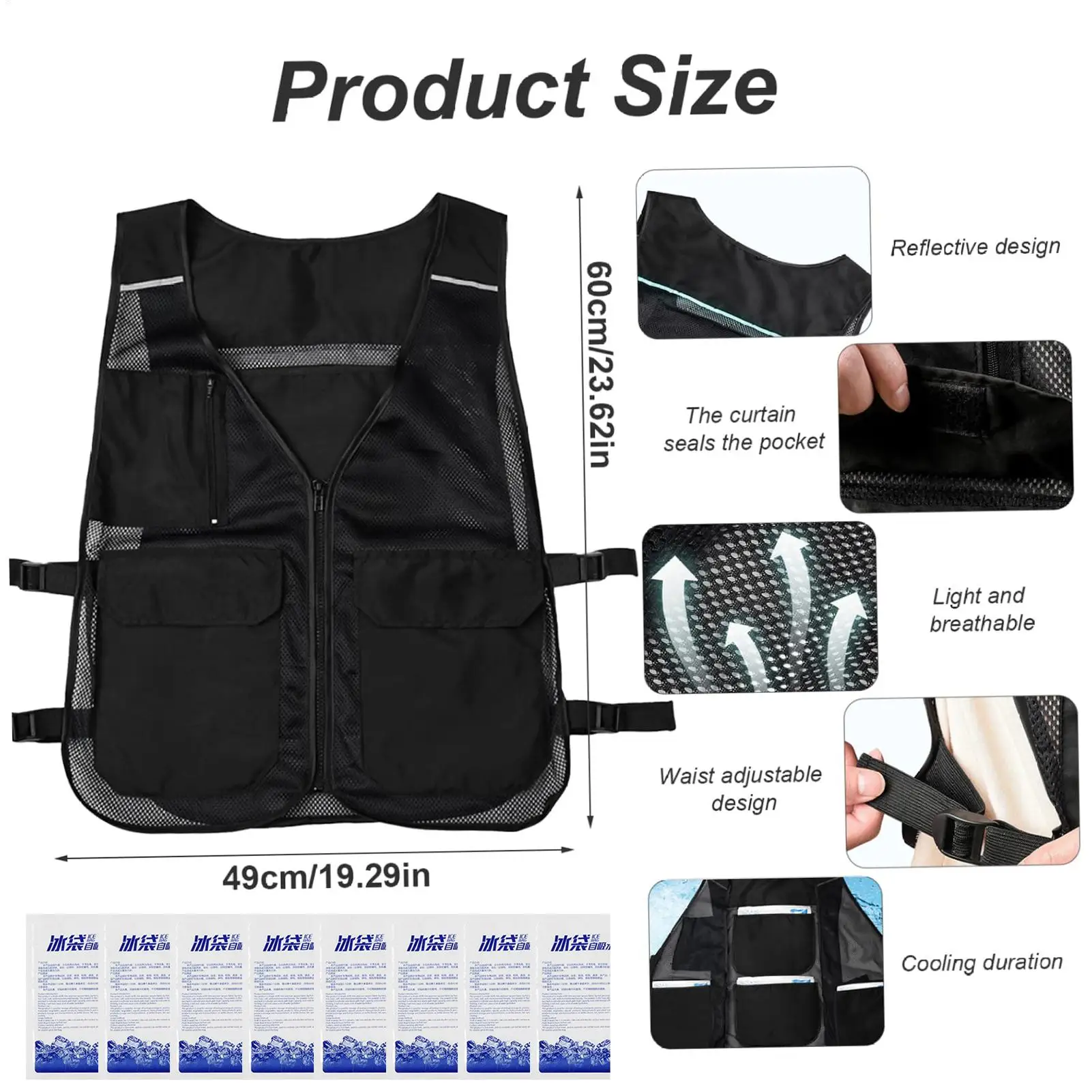 Cooling Vest Body With 8 Ice Packs Summer Cooling Vest Adjustable Reflective AC Ice Vest For Hot Weather