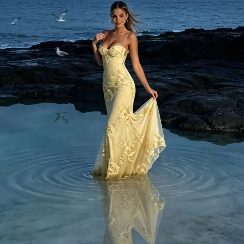 Customized Luxury Light Yellow Flower Embroidered Mermaid Dress 2026 New Suspender Sexy Slim Fit Ball Gown Suitable for Parties