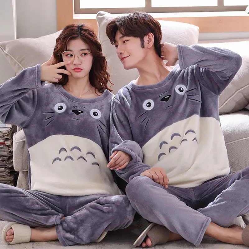 Unisex Flannel Sleepwear New Women Men Winter Warm Fleece Couples Pajamas Set Lovers Nightgown Cute Cartoon Pijamas Home Clothes