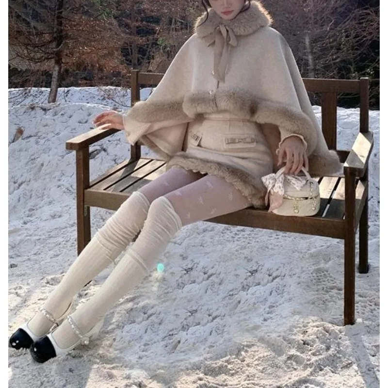 Little Princess French Lady-style Woolen Suit for Women, New Winter Collection Furry Cape and Skirt Two-piece Set