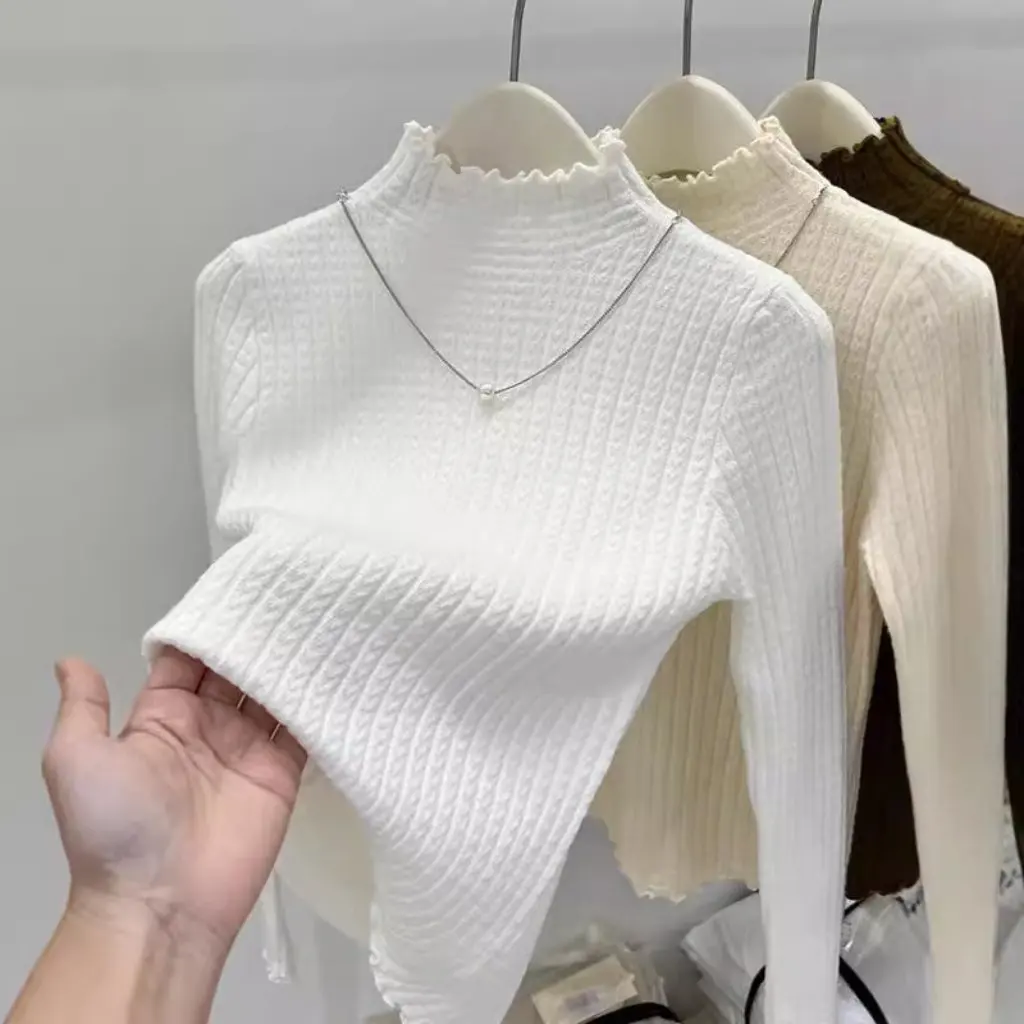 Women's Slim-fit Sweater with Half-high Collar And Wood-Ear Edge Autumn Winter Base Shirt Twist Eight Patterns All-match