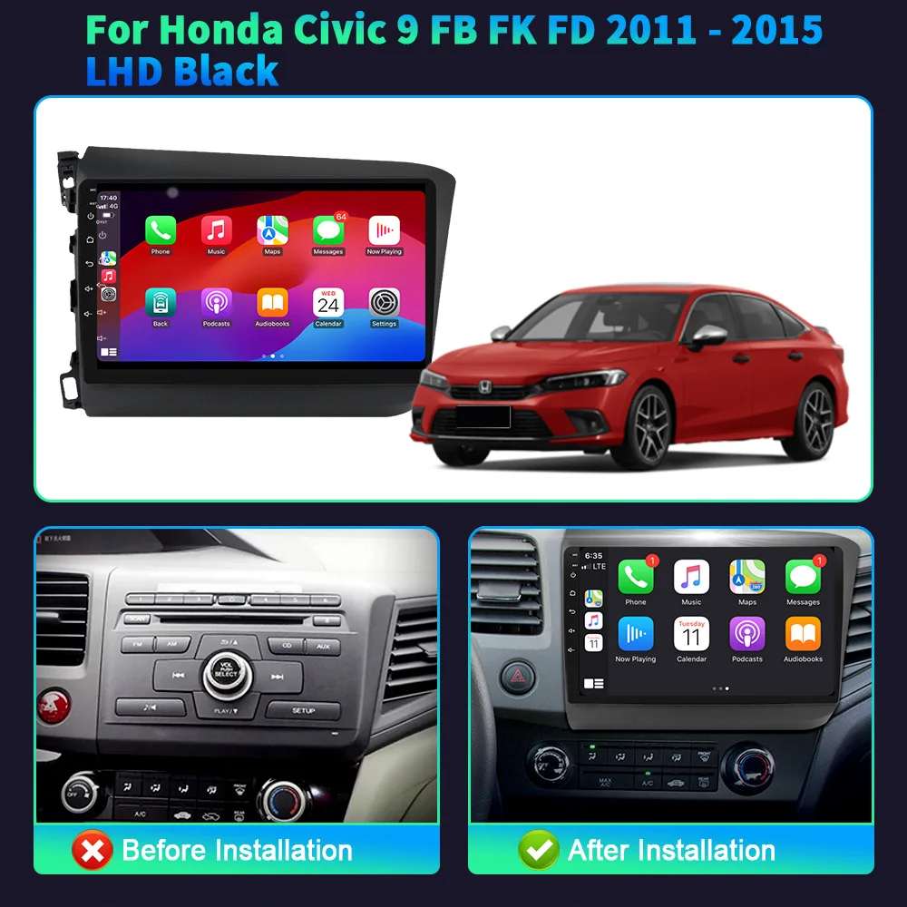 Left Hand Drive Car Radio Multimedia For Honda Civic 9 FB FK FD 2011-2015 Black Navigation 4G Wireless BT CarPlay Touch Screen