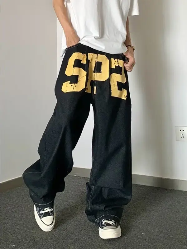 

American High Street Hip Hop Denim Jeans Men's Women's Trendy Brand Red Retro Waed Loose Casual Wide Leg Pants